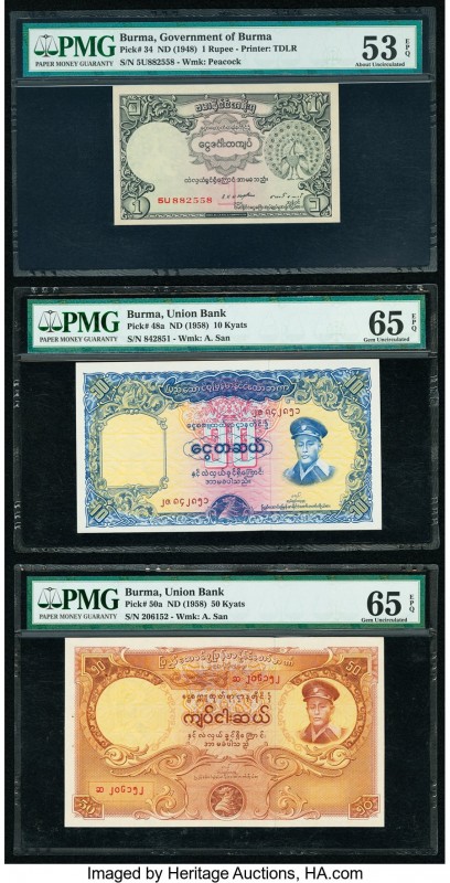 Burma Government of Burma; Union Bank 1 Rupee; 10; 50 Kyats ND (1948); ND (1958)...