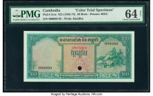 Cambodia Banque Nationale du Cambodge 20 Riels ND (1956-75) Pick 5cts Color Trial Specimen PMG Choice Uncirculated 64 Net. Red Specimen overprints; on...