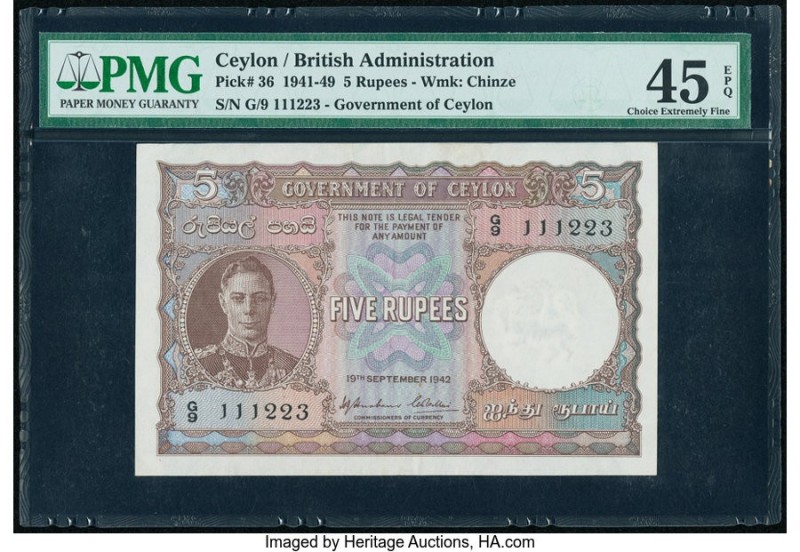 Ceylon Government of Ceylon 5 Rupees 19.9.1942 Pick 36 PMG Choice Extremely Fine...