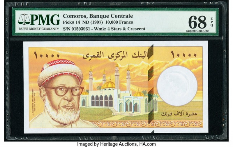 Comoros Banque Centrale Des Comores 10,000 Francs ND (1997) Pick 14 PMG Superb G...