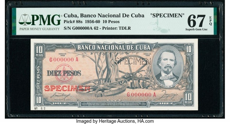 Cuba Banco Nacional de Cuba 10 Pesos 1958 Pick 88s Specimen PMG Superb Gem Unc 6...