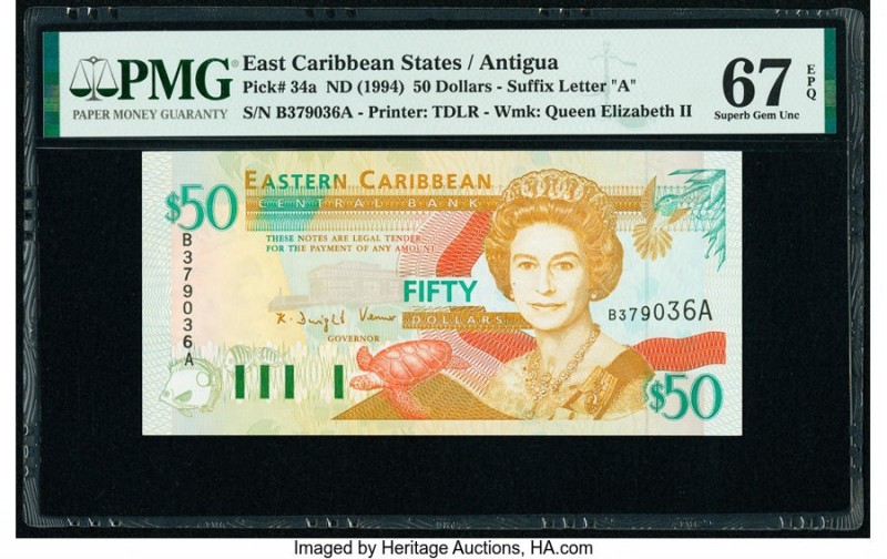East Caribbean States Central Bank, Antigua 50 Dollars ND (1994) Pick 34a PMG Su...