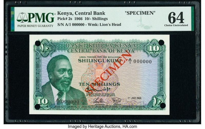 Kenya Central Bank of Kenya 10 Shillings 1.7.1966 Pick 2s Specimen PMG Choice Un...