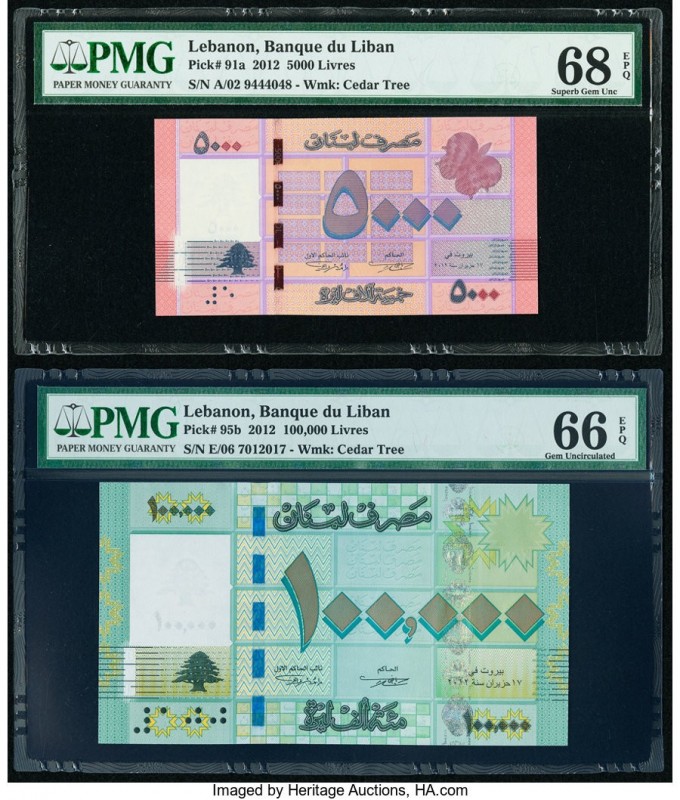 Lebanon Banque du Liban 5000; 100,000 Livres 2012 Pick 91a; 95b Two examples PMG...