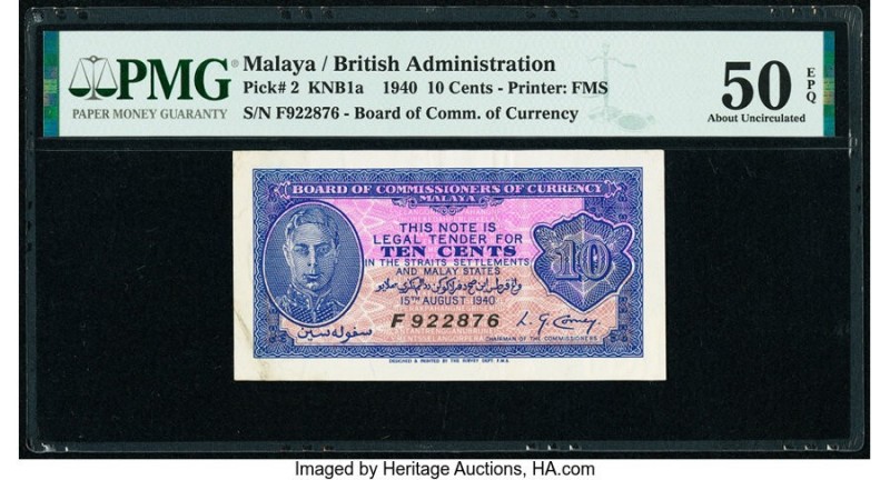 Malaya Board of Commissioners of Currency 10 Cents 15.8.1940 Pick 2 KNB1a PMG Ab...