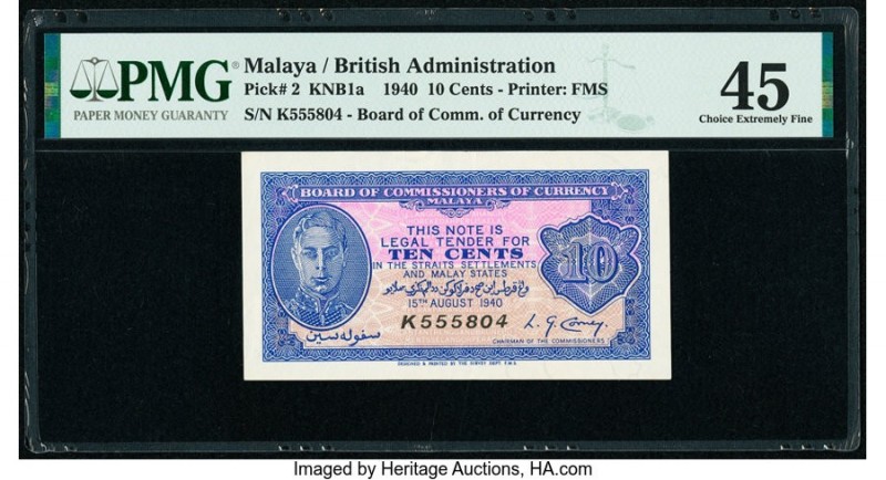 Malaya Board of Commissioners of Currency 10 Cents 15.8.1940 Pick 2 KNB1a PMG Ch...