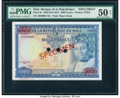 Mali Banque de la Republique du Mali 1000 Francs 22.9.1960 (ND 1967) Pick 9s Specimen PMG About Uncirculated 50 Net. Red Specimen & TDLR overprints; t...