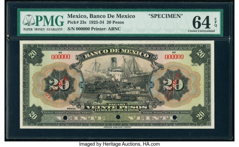 Mexico Banco de Mexico 20 Pesos ND (1925-34) Pick 23s Specimen PMG Choice Uncirc...