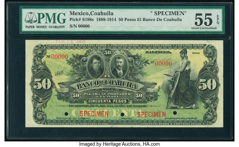 Mexico Banco De Coahuila 50 Pesos 2.16.1909 Pick S198s Specimen PMG About Uncirc...