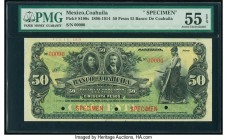 Mexico Banco De Coahuila 50 Pesos 2.16.1909 Pick S198s Specimen PMG About Uncirculated 55 EPQ. Red Specimen overprints; three POCs.

HID09801242017

©...