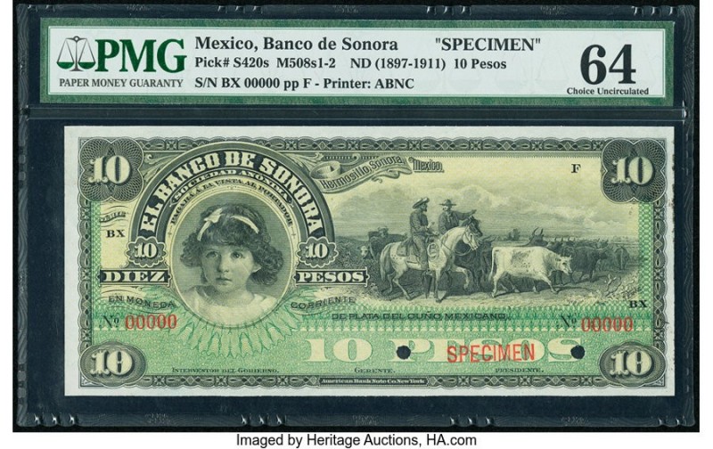 Mexico Banco de Sonora 10 Pesos ND (1897-1911) Pick S420s M508s Specimen PMG Cho...