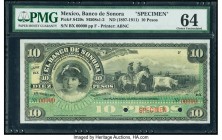 Mexico Banco de Sonora 10 Pesos ND (1897-1911) Pick S420s M508s Specimen PMG Choice Uncirculated 64. Red Specimen overprints; two POCs.

HID0980124201...