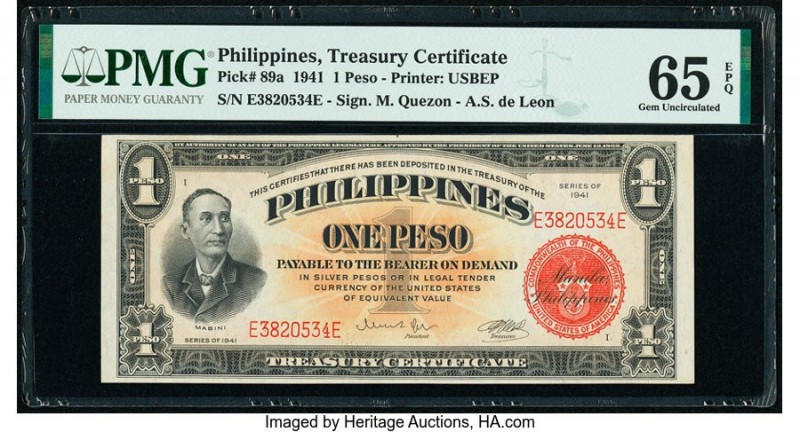 Philippines Philippine National Bank 1 Peso 1941 Pick 89a PMG Gem Uncirculated 6...