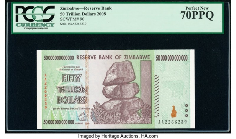 Zimbabwe Reserve Bank of Zimbabwe 50 Trillion Dollars 2008 Pick 90 PCGS Perfect ...