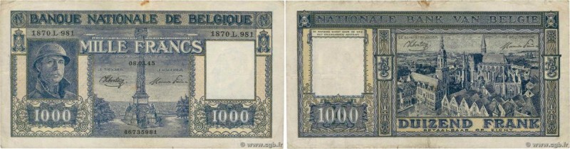 Country : BELGIUM 
Face Value : 1000 Francs 
Date : 08 août 1945 
Period/Provinc...