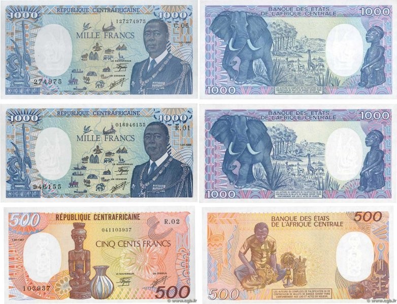 Country : CENTRAL AFRICAN REPUBLIC 
Face Value : 500 et 1000 Francs Lot 
Date : ...