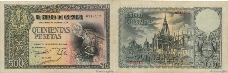 Country : SPAIN 
Face Value : 500 Pesetas 
Date : 21 octobre 1940 
Period/Provin...