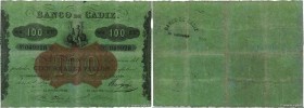 Country : SPAIN 
Face Value : 100 Reales De Vellon 
Date : (1863) 
Period/Province/Bank : Banco de Cadiz 
French City : Cadiz 
Catalogue reference : P...