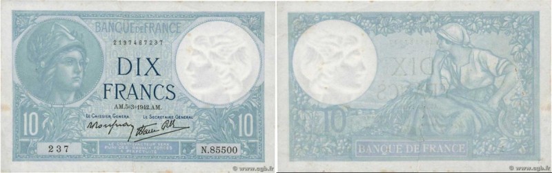 Country : FRANCE 
Face Value : 10 Francs MINERVE modifié 
Date : 05 mars 1942 
P...