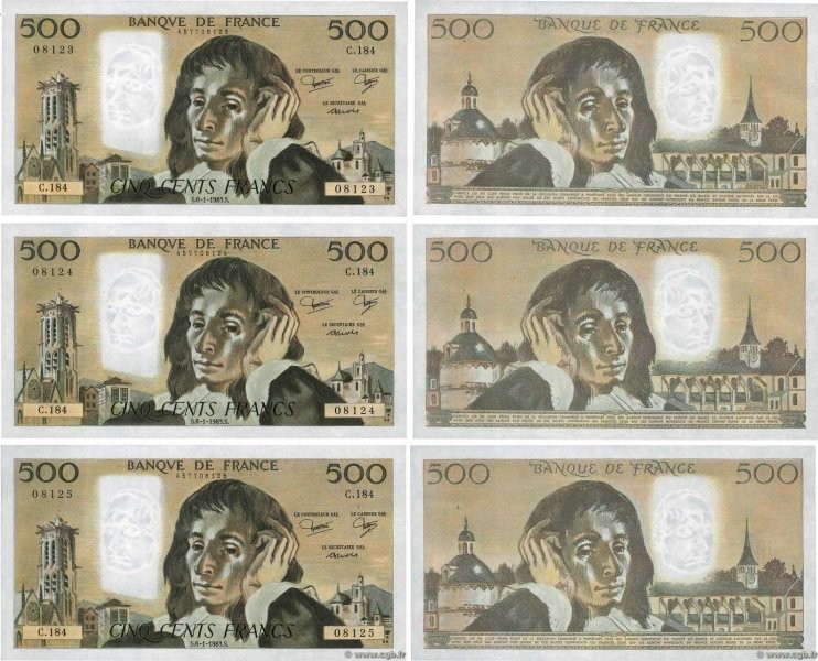 Country : FRANCE 
Face Value : 500 Francs PASCAL Consécutifs 
Date : 06 janvier ...