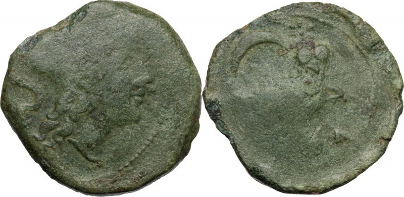 Greek Italy. Etruria, Populonia. AE Sextans, 3rd century BC. D/ Head of Menvra r...