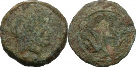 Greek Italy. Coastal Etruria, Vetulonia. AE Sextans, 3rd century BC. D/ Head of Nethuns right, wearing ketos headdress; two pellets below. R/ Ornament...