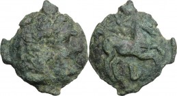 Greek Italy. Northern Apulia, Luceria. AE Cast Nummus, c. 217-212 BC. D/ Head of young Herakles right, wearing lion skin. R/ Horse prancing right; abo...