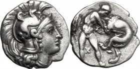Greek Italy. Southern Apulia, Tarentum. AR Diobol, c. 380-325 BC. D/ Head of Athena right, wearing helmet decorated with hippocamp. R/ Herakles standi...