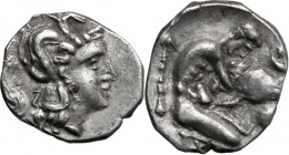 Greek Italy. Southern Apulia, Tarentum. AR Diobol, c. 325-280 BC. D/ Head of Athena right, wearing helmet decorated with Skylla. R/ Herakles kneeling ...