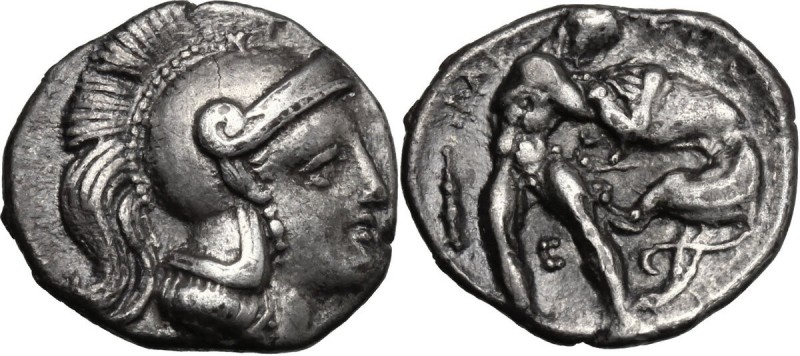 Greek Italy. Southern Apulia, Tarentum. AR Diobol, c. 325-280 BC. D/ Head of Ath...