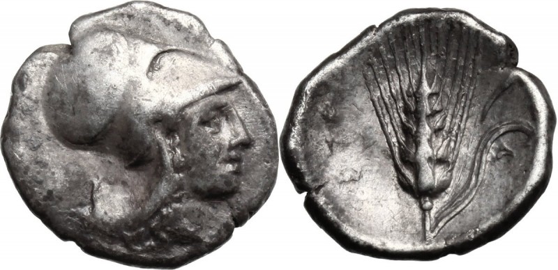 Greek Italy. Southern Lucania, Metapontum. AR Diobol, c. 325-275. D/ Helmeted he...