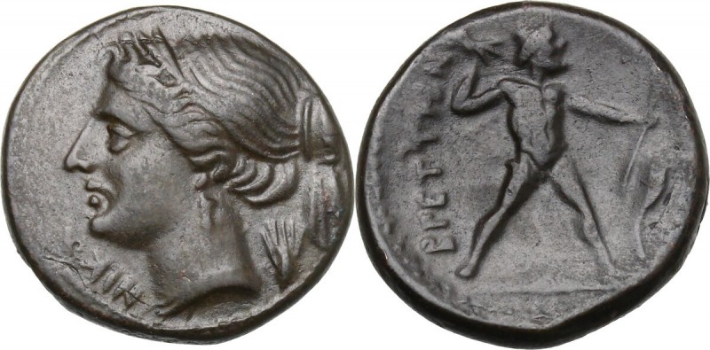 Greek Italy. Bruttium, Brettii. AE Half Unit, circa 214-211 BC. D/ ΝΙΚΑ. Diademe...