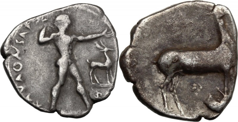 Greek Italy. Bruttium, Kaulonia. AR Stater, c. 420-410 BC. D/ KAVΛΩNIATAΣ. Apoll...