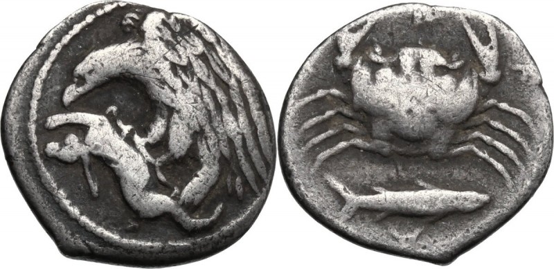 Sicily. Akragas. AR Hemidrachm, c. 420-406 BC. D/ Eagle standing left on, and le...