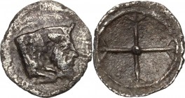 Sicily. Gela. AR Litra (?), 480-475 BC. D/ Forepart of man-headed bull right. R/ Four-spoked wheel. Jenkins B 13. AR. g. 0.23 mm. 9.00 RR. Very rare. ...