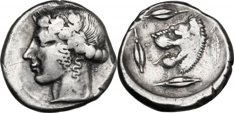 Sicily. Leontini. AR Tetradrachm, c. 440-430 BC. D/ Head of Apollo left, wearing...