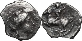 Sicily. Morgantina. AR Litra, c. 339-317 BC. D/ Traces of ethnic. Laureate head of Apollo right. R/ Warrior on horseback left, brandishing spear. SNG ...