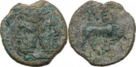 Sicily. Panormos, under Roman rule. P. Terentius Magistrate. AE 21 mm. c. 120 BC. D/ Laureate head of Janus. R/ P. TE ligate. She-wolf right, suckling...