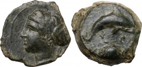Sicily. Syracuse. Dionysios I (405-367 BC.). AE Hemilitra, c. 405-400 BC. D/ Female head left, wearing hair in ampix and sphendone; two olive leaves t...