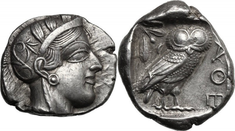 Continental Greece. Attica, Athens. AR Tetradrachm, c. 454-404 BC. D/ Helmeted h...