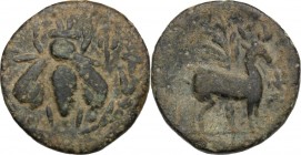 Greek Asia. Ionia, Ephesos. AE18 mm. Late 2nd-early 1st century BC. Uncertain magistrate. D/ Ε-Φ. Bee in wreath. R/ Stag standing right; palm tree in ...