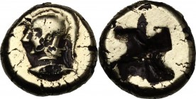 Greek Asia. Ionia, Phokaia. EL Fourrée Hekte, c. 387-326. D/ Head of Athena left, wearing crested Corinthian helmet; below, seal (?) to left. R/ Quadr...