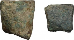 Aes Premonetale. Aes Formatum. Multiple lot of two (2) fragments (one angular) of bronze ingots. AE. g.&nbsp;67.65, mm. 39; g. 30,58, mm. 33. Dark gre...