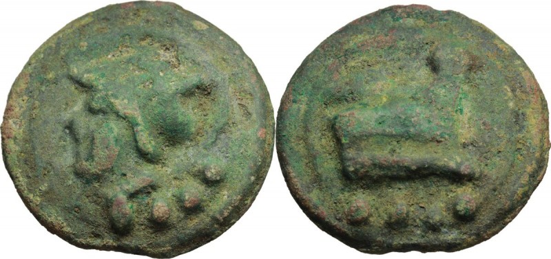Janus/prow to right libral series. AE Cast Triens, c. 225-217 BC. D/ Helmeted he...