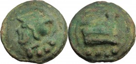 Janus/prow to right libral series. AE Cast Triens, c. 225-217 BC. D/ Helmeted head of Minerva left; below, four pellets. R/ Prow right; below, four pe...