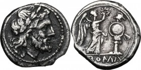 Anonymous. AR Victoriatus, from 211 BC. D/ Laureate head of Jupiter right. R/ Victory right, crowning trophy; in exergue, ROMA. Cr. 44/1. AR. g. 2.88 ...