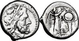 Anonymous. AR Victoriatus, from 211 BC. D/ Laureate head of Jupiter right. R/ Victory right, crowning trophy; in exergue, ROMA. Cr. 44/1. AR. g. 2.86 ...