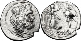 Anonymous. AR Victoriatus, after 218 BC. D/ Laureate head of Jupiter right. R/ Victory standing right, crowning trophy; in exergue, ROMA. Cr. 53/1. AR...