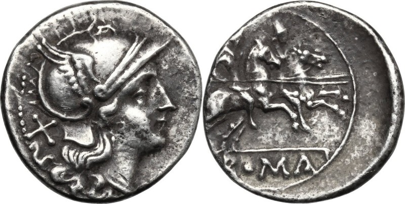 Anonymous. AR Denarius, after 211 BC. D/ Helmeted head of Roma right; behind, X....