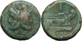 Sextantal series. AE As, after 211 BC. D/ Laureate head of Janus; above, I. R/ Prow right; above, I; below, ROMA. Cr. 56/2. AE. g. 36.30 mm. 35.00 Lov...